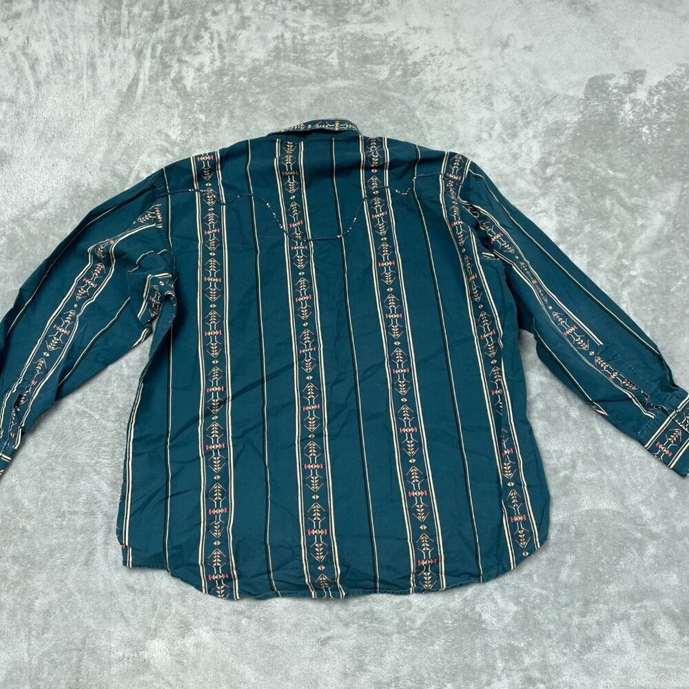 Vintage Wrangler Western Shirt XXL Teal Striped Long Sleeve Snap Button 6324 - Picture 3 of 8